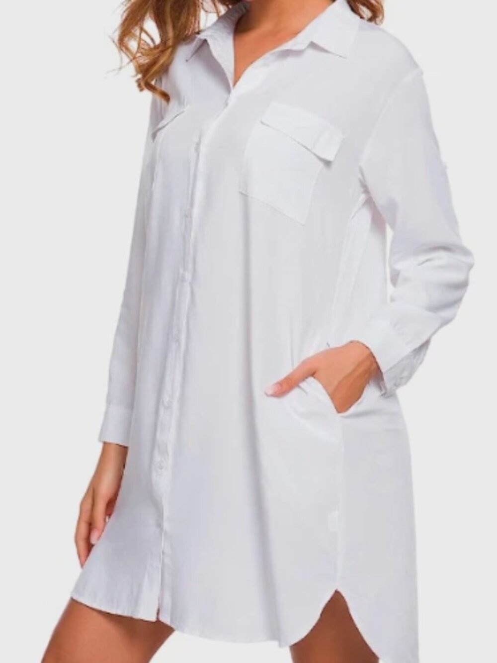 Women's White Shirt Dress V Neck L/S Loose Casual w/Pockets Front Button-Medium